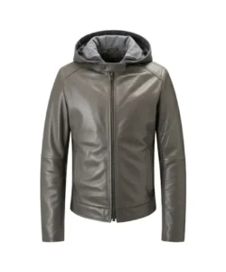 Grey Leather Jacket with Hood