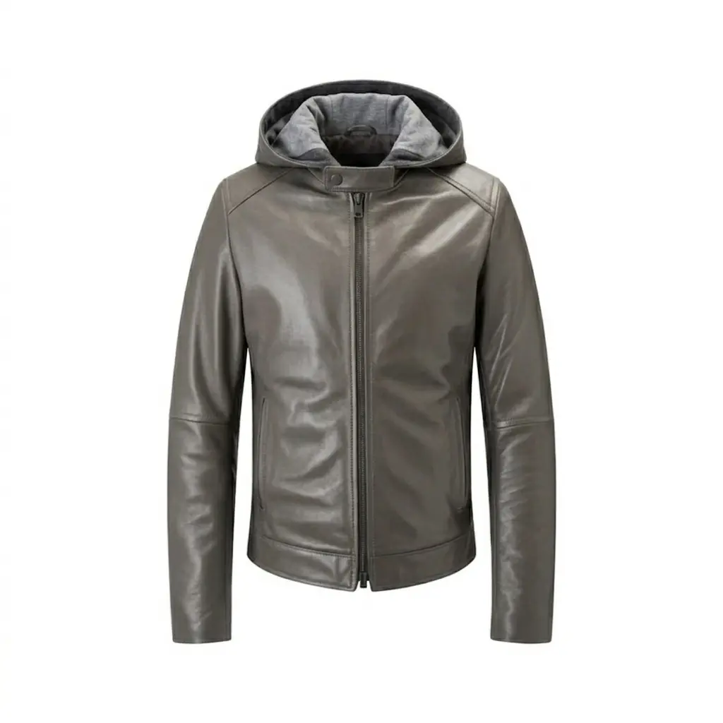 Grey Leather Jacket with Hood