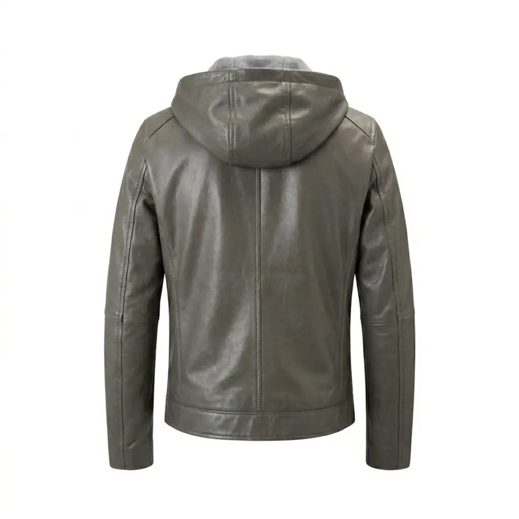 Grey Leather Jacket with Hood - Image 4