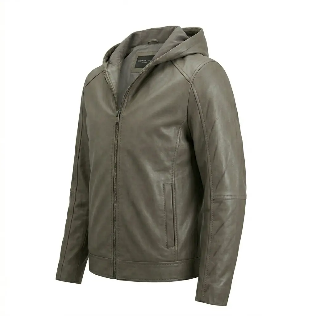 Grey Leather Jacket with Hood - Image 2