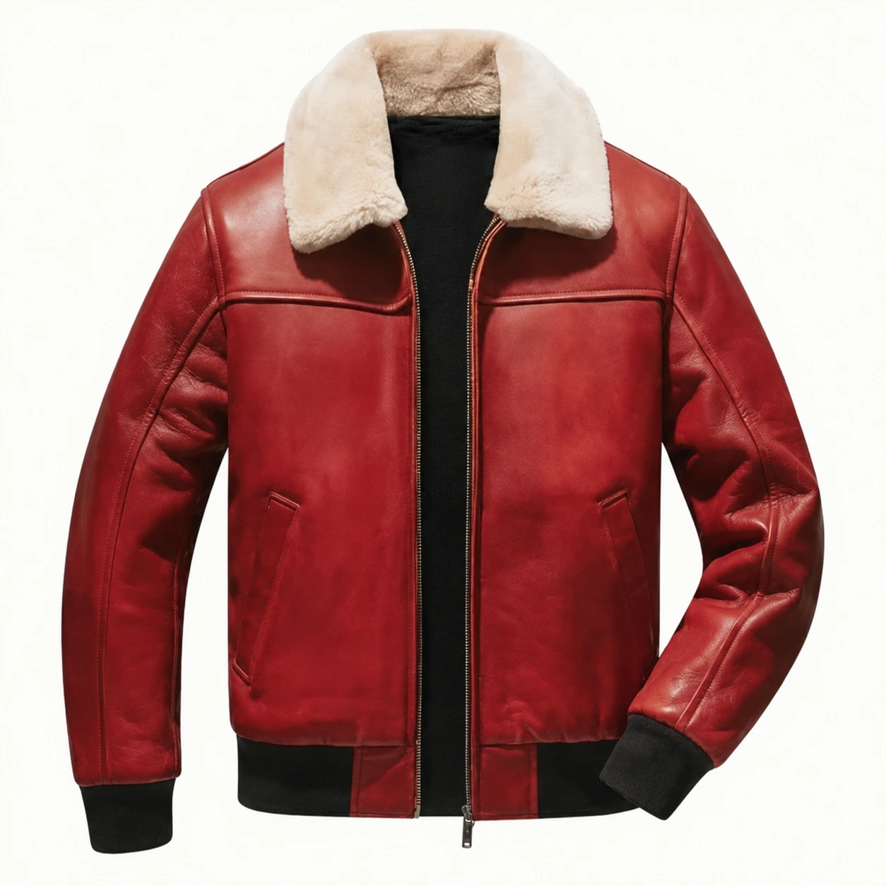 Red Leather Jacket with Fur Collar