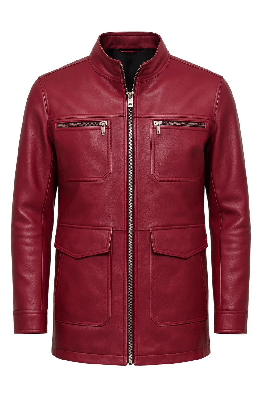 3 4 length dark pink leather jacket