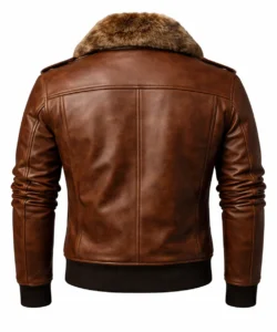 Brown Leather Bomber Jacket Fur Collar back