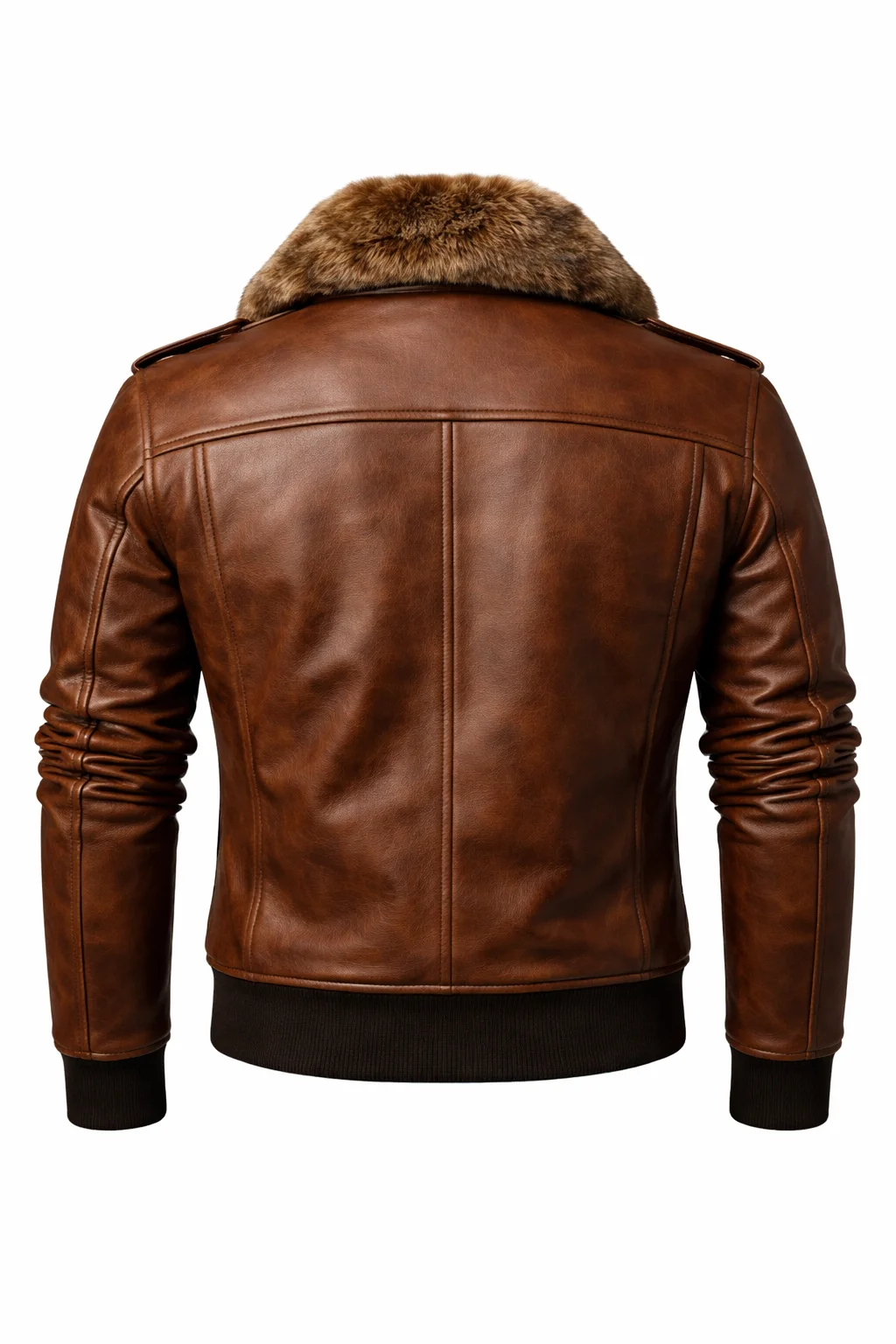 Brown Leather Bomber Jacket Fur Collar back