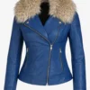Faux Fur Collar Blue Leather Jacket