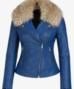 Faux Fur Collar Blue Leather Jacket