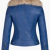 Faux Fur Collar Blue Leather Jacket Back