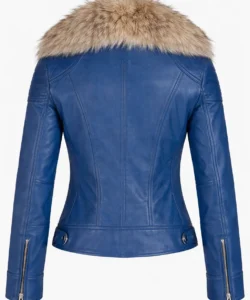 Faux Fur Collar Blue Leather Jacket Back