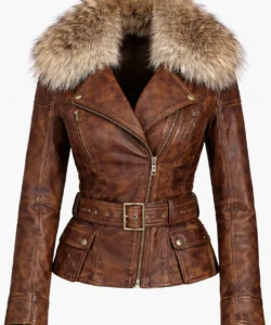 Vintage Brown Leather Jacket with Fur Collar