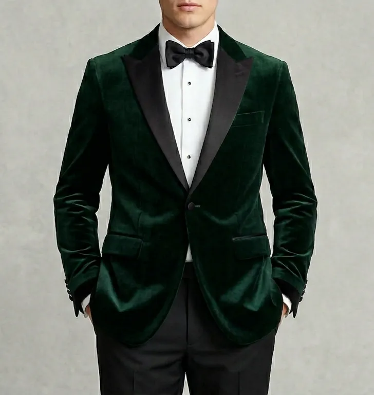 Mens Peak Lapel Green Velvet Tuxedo Jacket - One Button