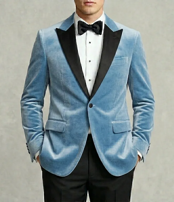 Mens Peak Lapel Light Blue Velvet Tuxedo Jacket – One Button