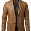 Mens Two Button Camel Brown Leather Blazer - Notch Lapel