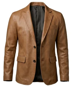 Mens Two Button Camel Brown Leather Blazer - Notch Lapel