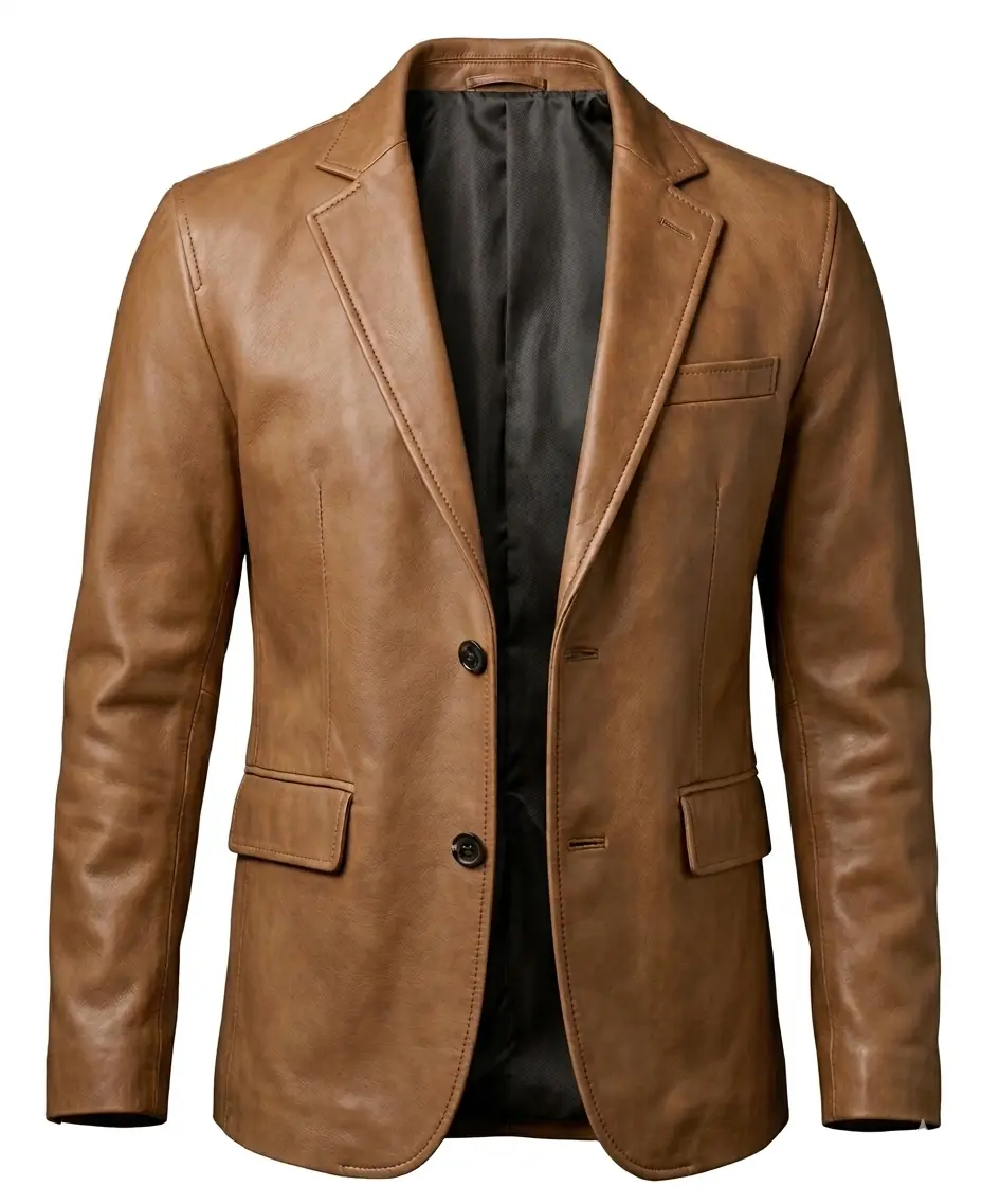 Mens Two Button Camel Brown Leather Blazer - Notch Lapel