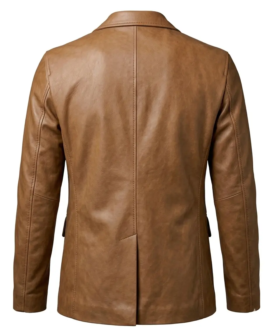 Mens Two Button Camel Brown Leather Blazer - Notch Lapel - Image 2