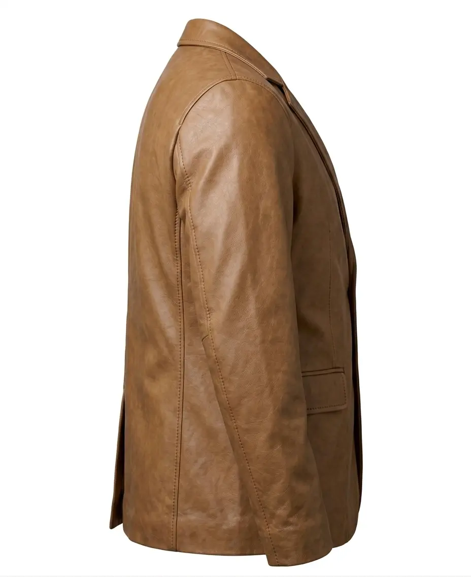 Mens Two Button Camel Brown Leather Blazer - Notch Lapel - Image 3