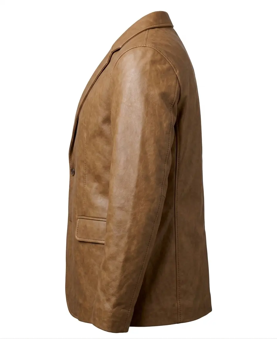 Mens Two Button Camel Brown Leather Blazer - Notch Lapel