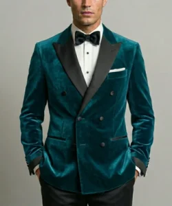 Mens Teal Blue Double Breasted Velvet Tuxedo Jacket​