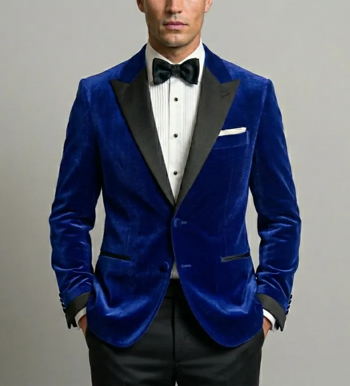 Mens Peak Lapel Royal Blue Velvet Tuxedo Jacket – Two Button