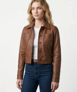 Women's Brown Real Sheepskin Leather Cropped Shirt