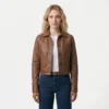 Women's Brown Real Sheepskin Leather Cropped Shirt
