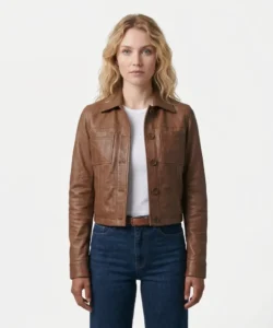 Women's Brown Real Sheepskin Leather Cropped Shirt